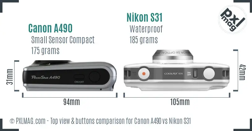 Canon A490 vs Nikon S31 top view buttons comparison