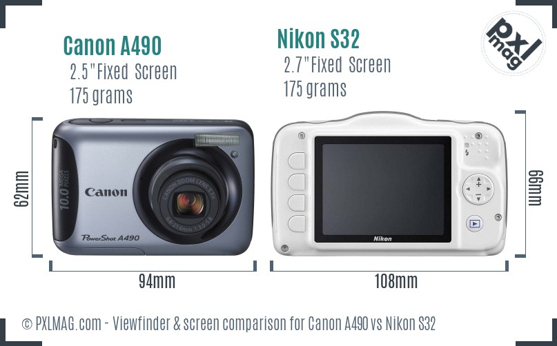 Canon A490 vs Nikon S32 Screen and Viewfinder comparison