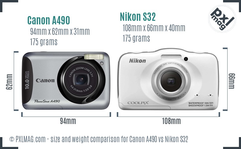 Canon A490 vs Nikon S32 size comparison