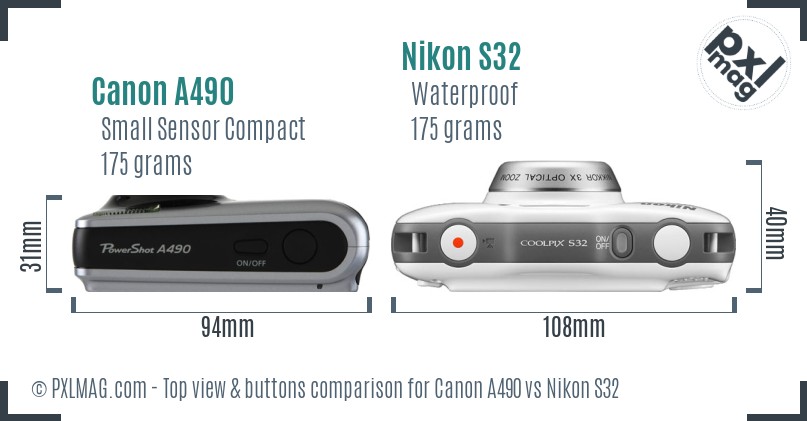 Canon A490 vs Nikon S32 top view buttons comparison