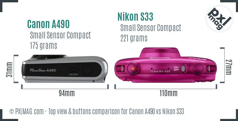 Canon A490 vs Nikon S33 top view buttons comparison