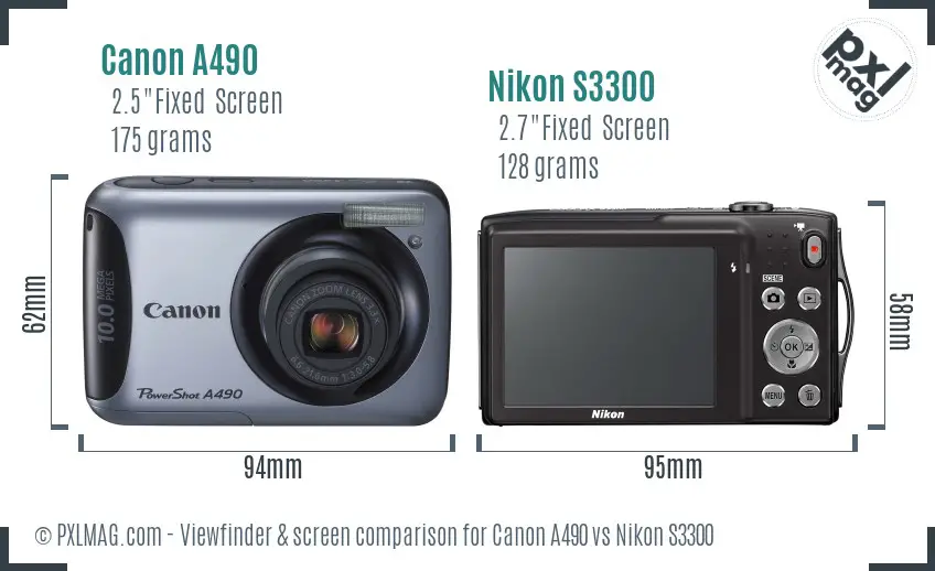 Canon A490 vs Nikon S3300 Screen and Viewfinder comparison