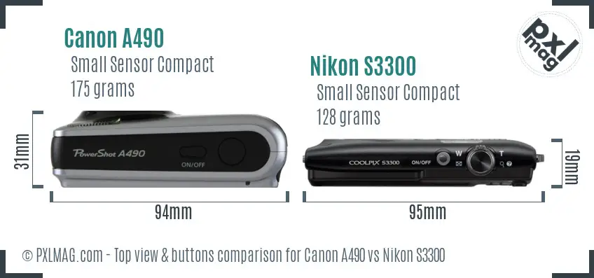 Canon A490 vs Nikon S3300 top view buttons comparison