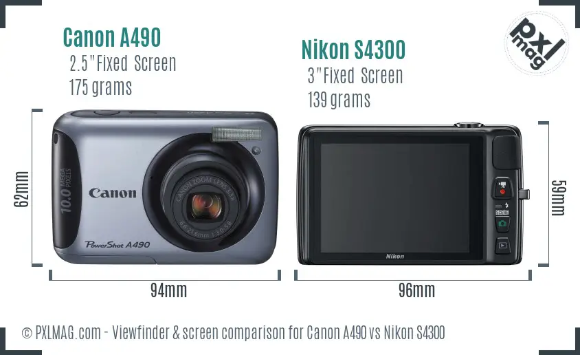 Canon A490 vs Nikon S4300 Screen and Viewfinder comparison