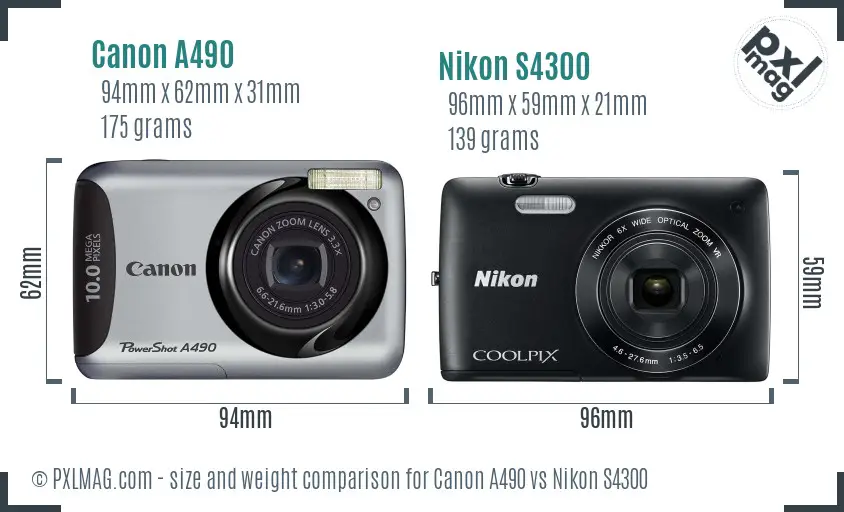 Canon A490 vs Nikon S4300 size comparison