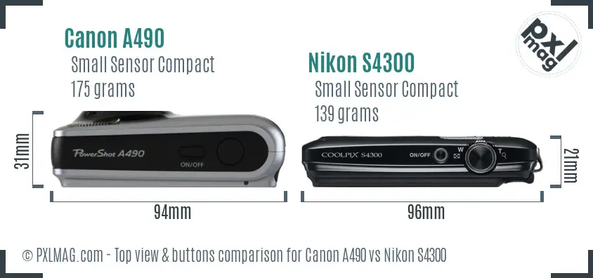 Canon A490 vs Nikon S4300 top view buttons comparison