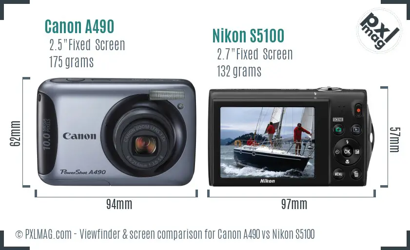 Canon A490 vs Nikon S5100 Screen and Viewfinder comparison