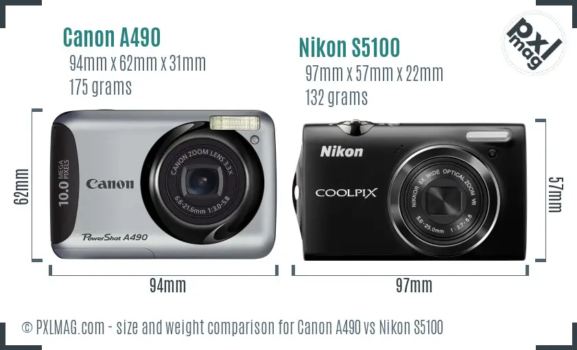 Canon A490 vs Nikon S5100 size comparison