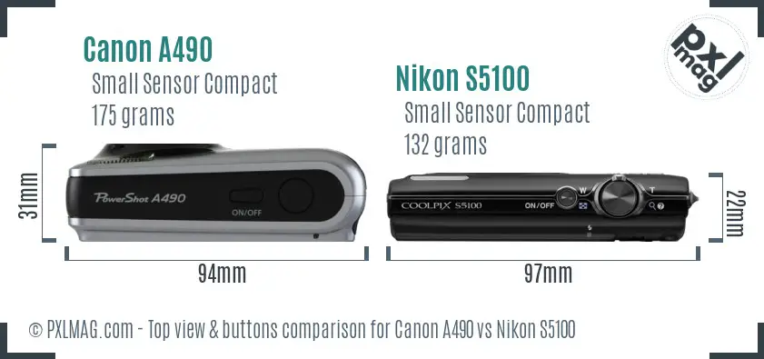 Canon A490 vs Nikon S5100 top view buttons comparison