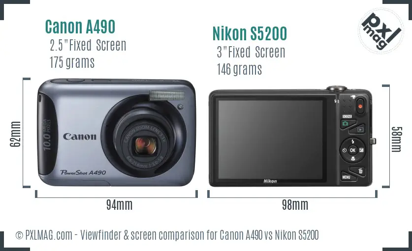 Canon A490 vs Nikon S5200 Screen and Viewfinder comparison