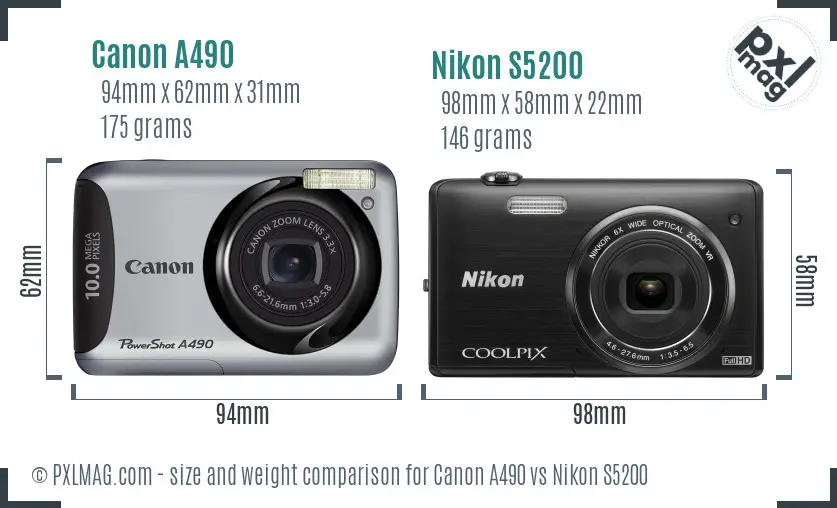 Canon A490 vs Nikon S5200 size comparison