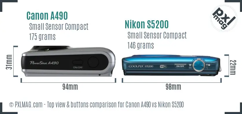 Canon A490 vs Nikon S5200 top view buttons comparison