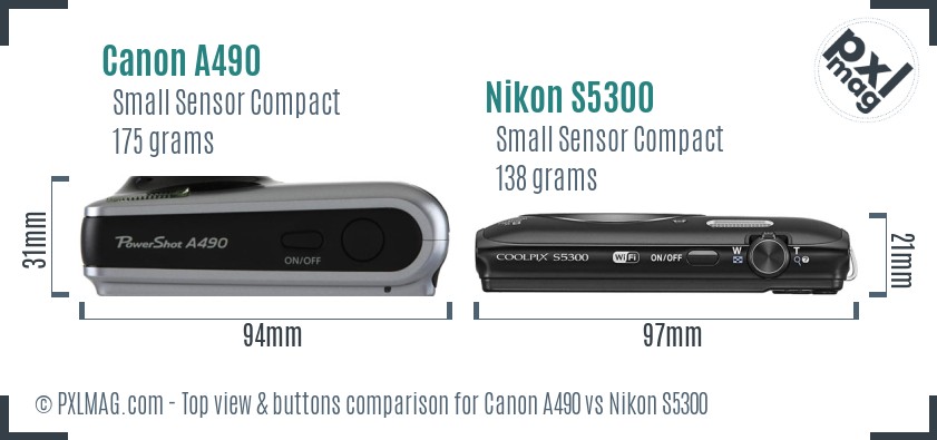 Canon A490 vs Nikon S5300 top view buttons comparison