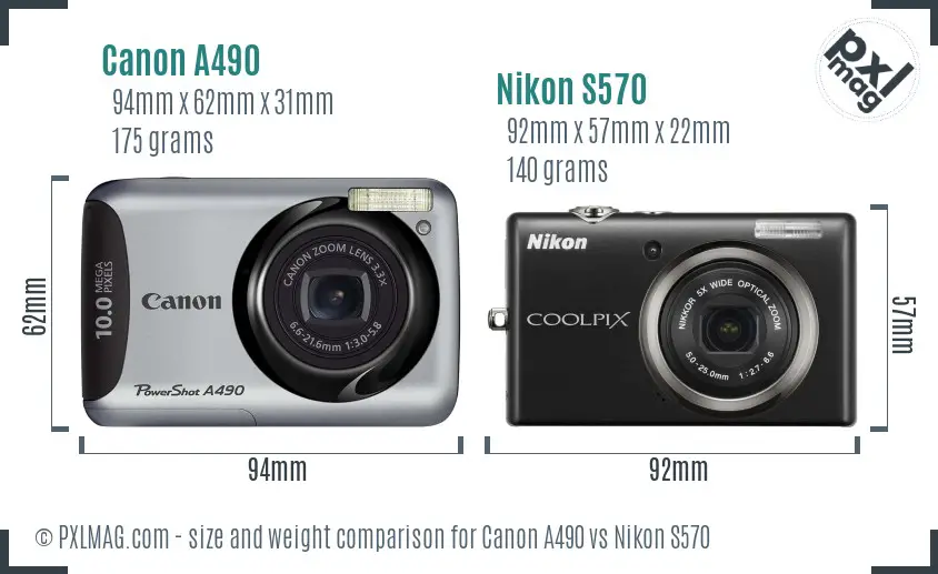 Canon A490 vs Nikon S570 size comparison