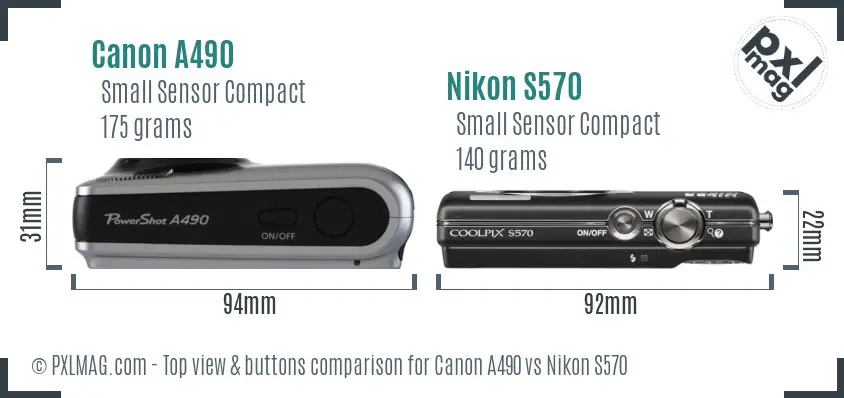 Canon A490 vs Nikon S570 top view buttons comparison