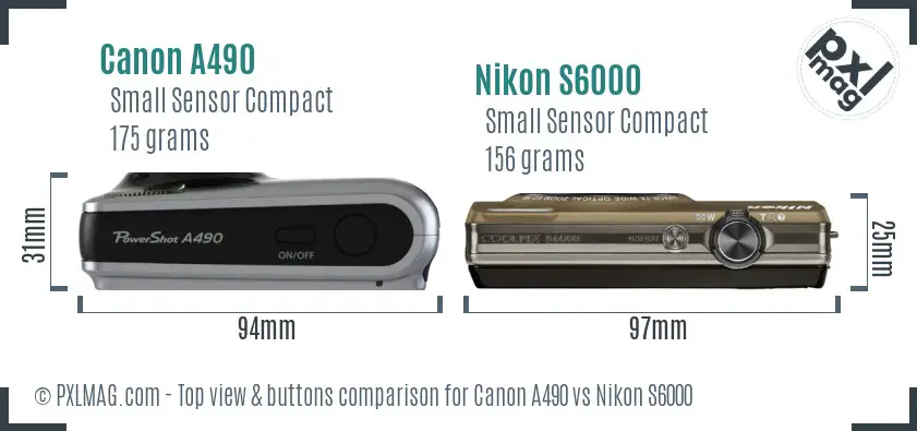 Canon A490 vs Nikon S6000 top view buttons comparison