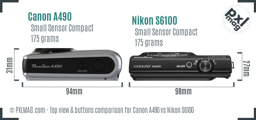 Canon A490 vs Nikon S6100 top view buttons comparison Canon A490 vs Nikon S6100 top view buttons comparison