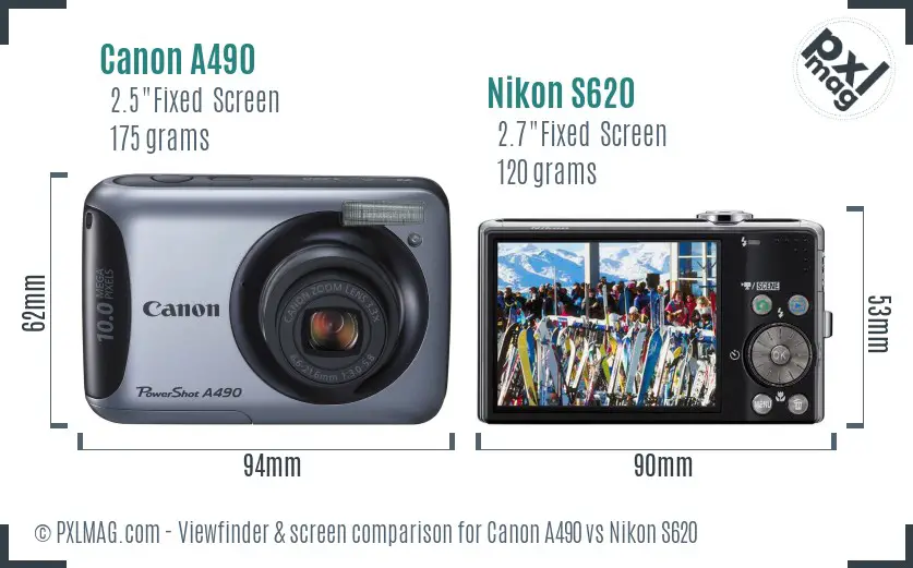 Canon A490 vs Nikon S620 Screen and Viewfinder comparison