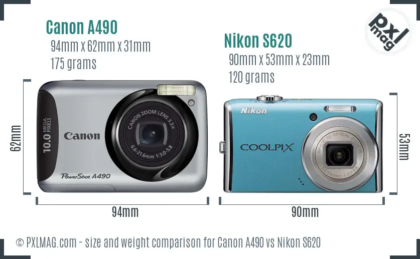 Canon A490 vs Nikon S620 size comparison