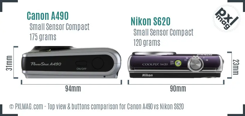 Canon A490 vs Nikon S620 top view buttons comparison