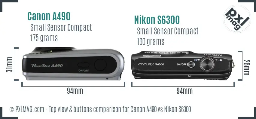 Canon A490 vs Nikon S6300 top view buttons comparison Canon A490 vs Nikon S6300 top view buttons comparison