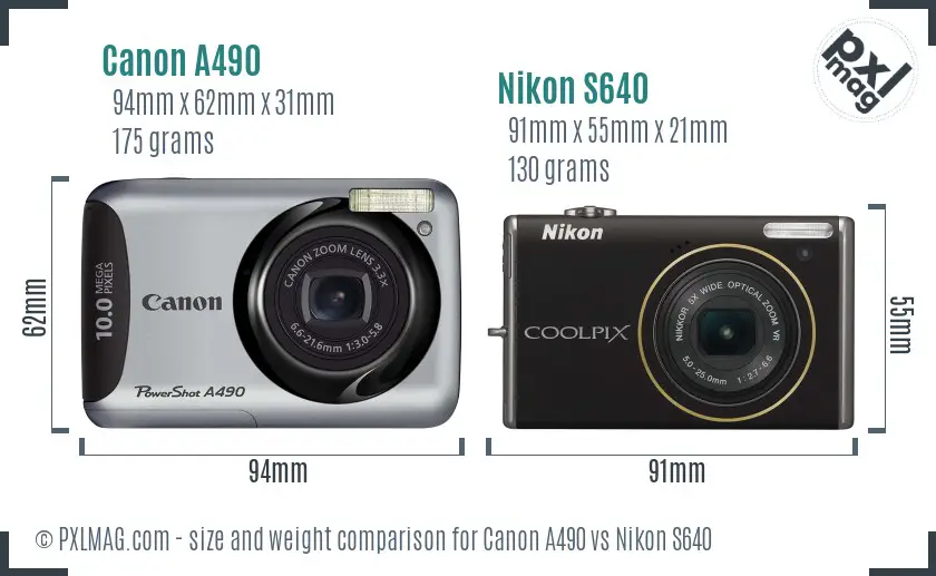 Canon A490 vs Nikon S640 size comparison