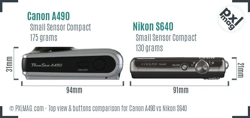 Canon A490 vs Nikon S640 top view buttons comparison