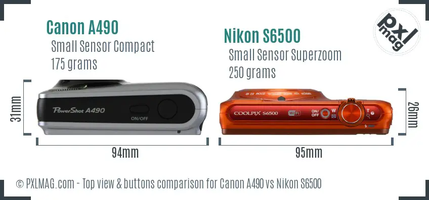 Canon A490 vs Nikon S6500 top view buttons comparison