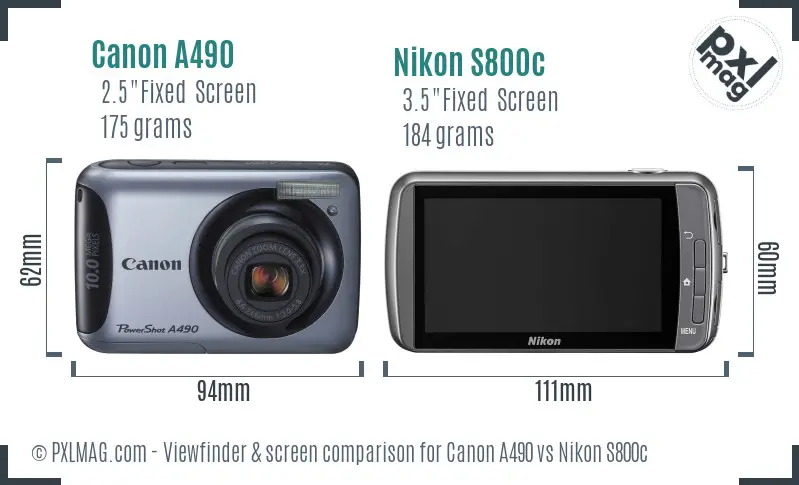 Canon A490 vs Nikon S800c Screen and Viewfinder comparison