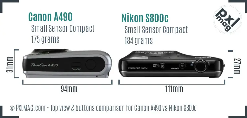 Canon A490 vs Nikon S800c top view buttons comparison