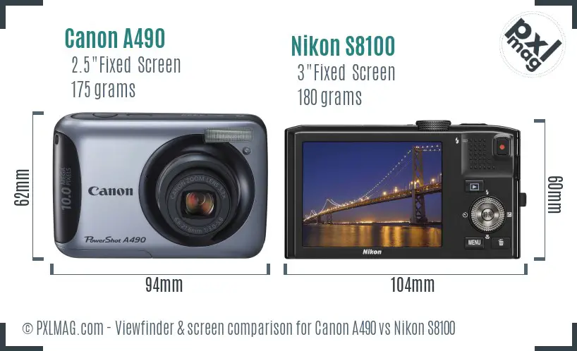 Canon A490 vs Nikon S8100 Screen and Viewfinder comparison