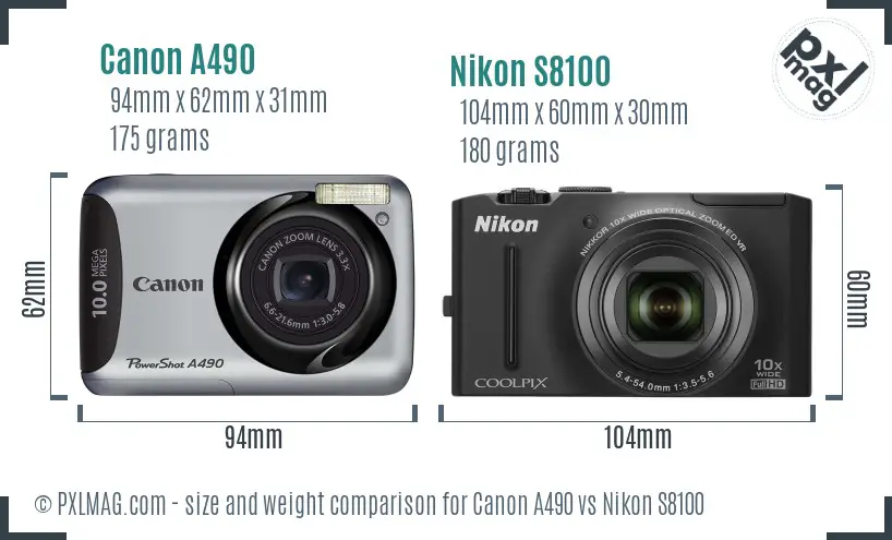 Canon A490 vs Nikon S8100 size comparison