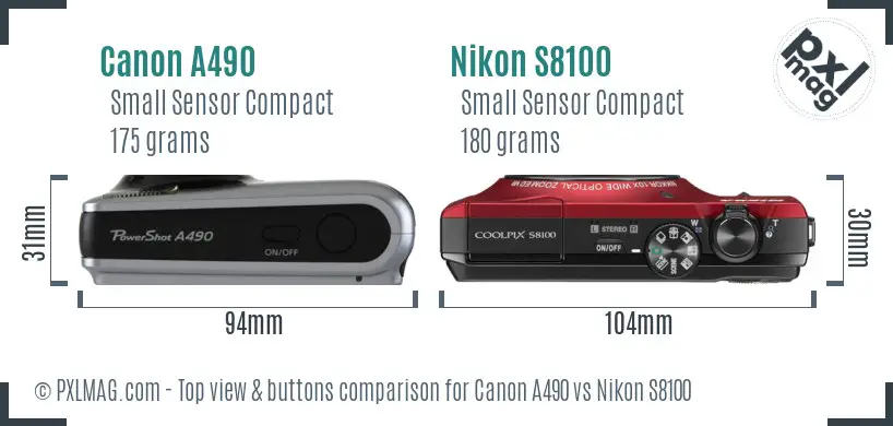 Canon A490 vs Nikon S8100 top view buttons comparison