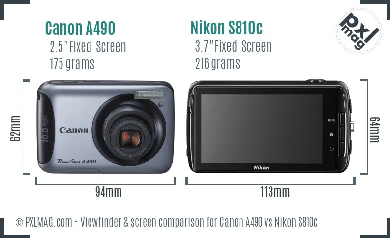 Canon A490 vs Nikon S810c Screen and Viewfinder comparison