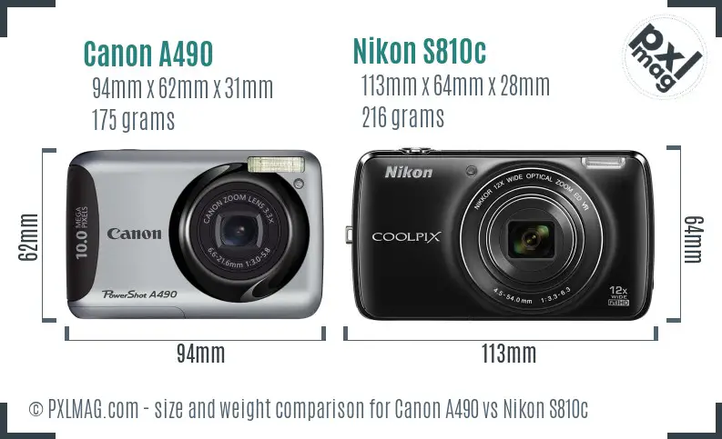 Canon A490 vs Nikon S810c size comparison