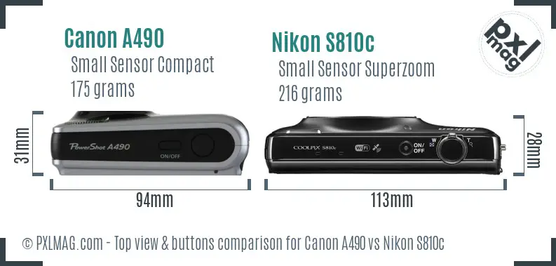 Canon A490 vs Nikon S810c top view buttons comparison