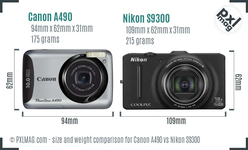 Canon A490 vs Nikon S9300 size comparison
