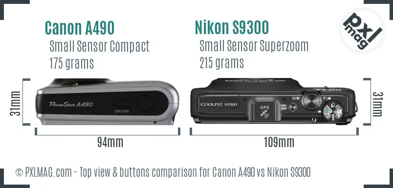 Canon A490 vs Nikon S9300 top view buttons comparison
