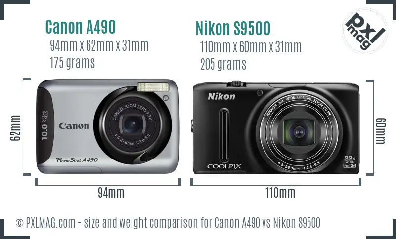 Canon A490 vs Nikon S9500 size comparison