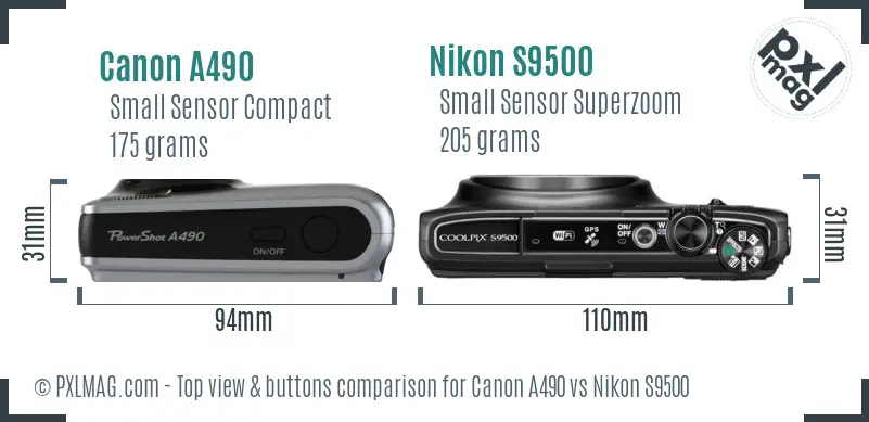 Canon A490 vs Nikon S9500 top view buttons comparison