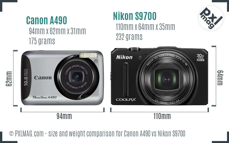 Canon A490 vs Nikon S9700 size comparison