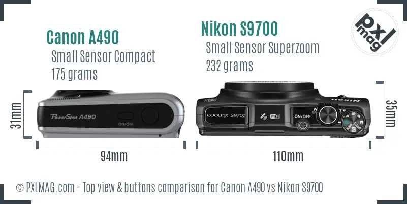 Canon A490 vs Nikon S9700 top view buttons comparison