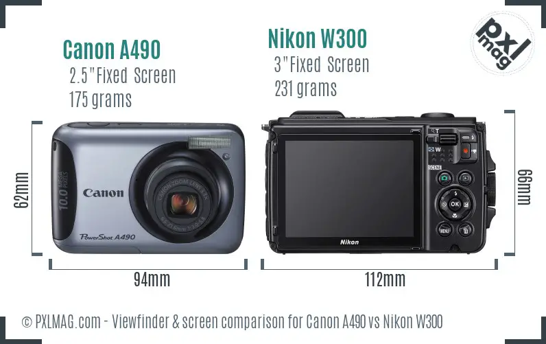 Canon A490 vs Nikon W300 Screen and Viewfinder comparison