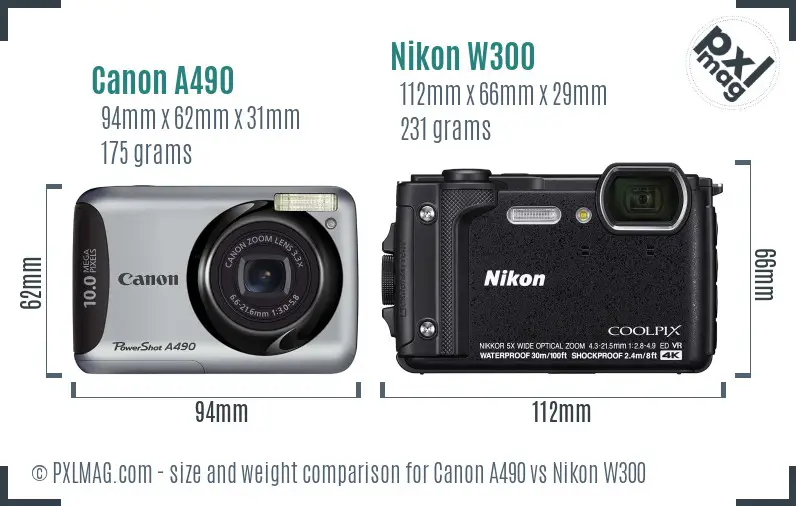 Canon A490 vs Nikon W300 size comparison