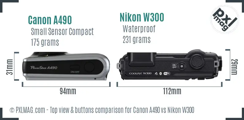 Canon A490 vs Nikon W300 top view buttons comparison