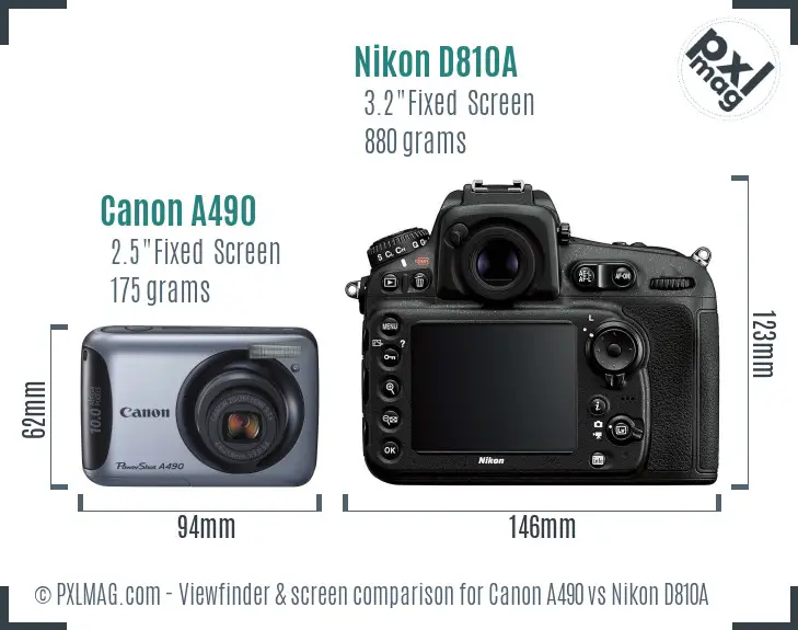 Canon A490 vs Nikon D810A Screen and Viewfinder comparison