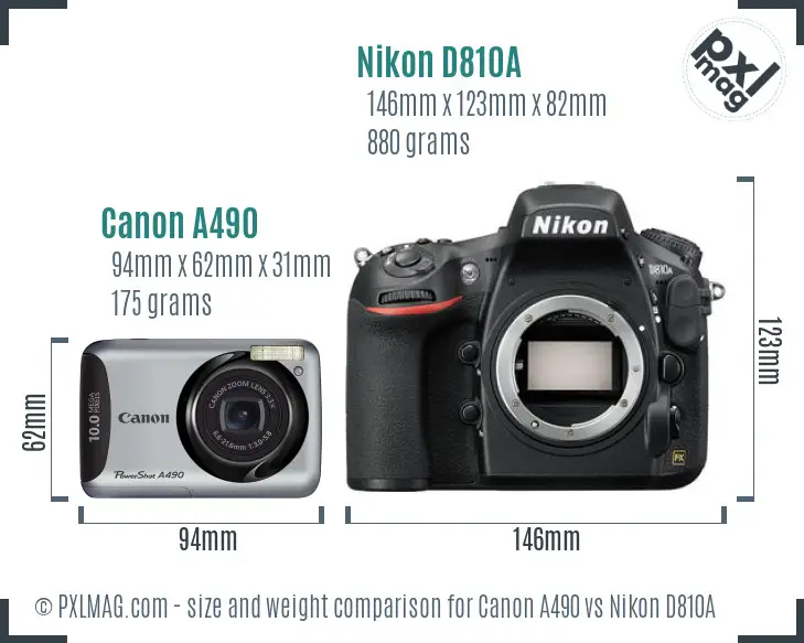 Canon A490 vs Nikon D810A size comparison