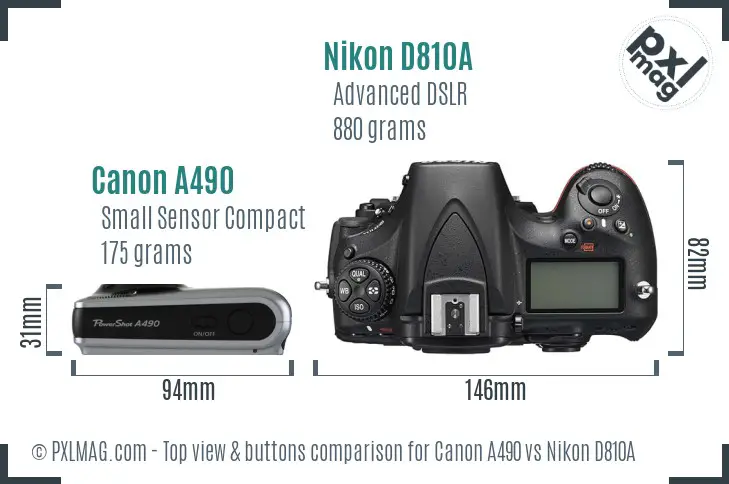 Canon A490 vs Nikon D810A top view buttons comparison