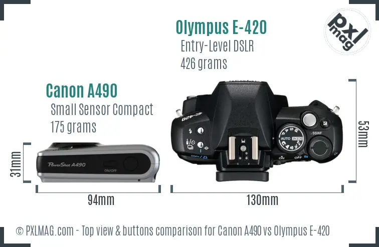Canon A490 vs Olympus E-420 top view buttons comparison