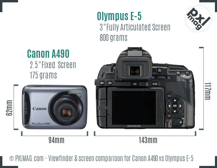 Canon A490 vs Olympus E-5 Screen and Viewfinder comparison